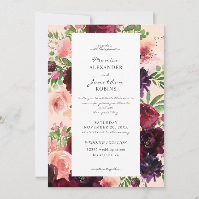 Burgundy & Blush Floral Wedding on Pink Invitation (Front)