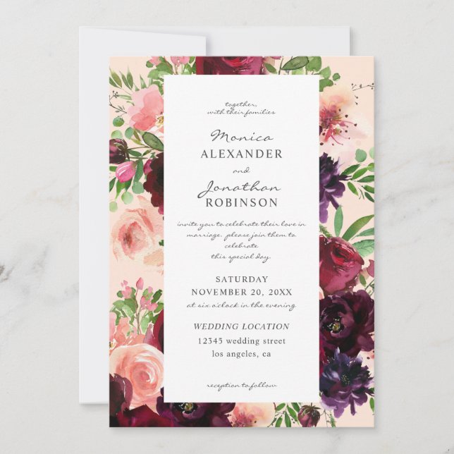 Burgundy & Blush Floral Wedding on Pink V2 Invitation (Front)