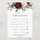 Burgundy Blush Floral Wedding Order of Event  Programme<br><div class="desc">Personalise this chic Burgundy Blush Floral wedding order of events easily and quickly, simply press the customise it button to further re-arrange and format the style and placement of the text. Extra timeline icons such as a church, a floral arbor and a camera are included (on the right hand side...</div>