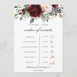 Burgundy Blush Floral Wedding Order of Event Programme