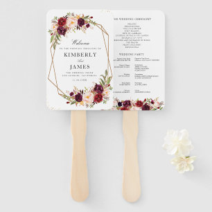 Burgundy & blush floral wedding program hand fan