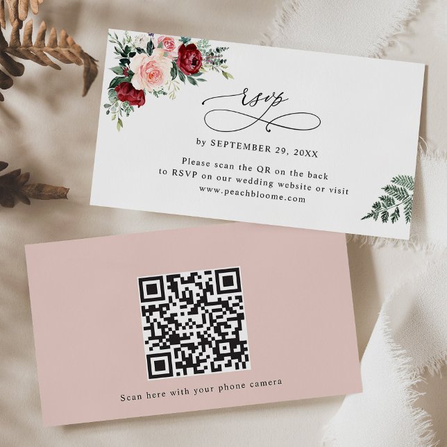 Burgundy Blush Floral Wedding QR Code RSVP Cards (Creator Uploaded)