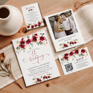 Burgundy Blush Floral Wedding Reception Details Enclosure Card