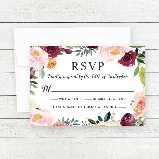 Burgundy Blush Floral Wedding RSVP Guest Count Card (Creator Uploaded)