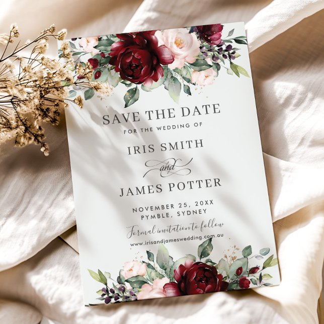 Burgundy Blush Floral Wedding Save the Date Card (rustic-elegant-burgundy-blush-pink-floral-flowers-wedding-save-the-date-cards-printed-download)