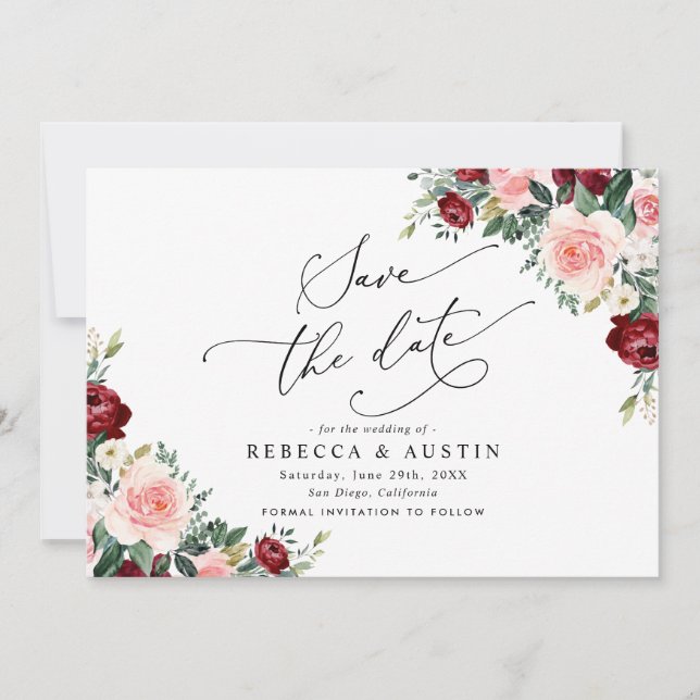 Burgundy Blush Floral Wedding Save the Date Invitation (Front)