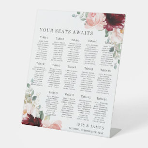 Burgundy Blush Floral Wedding Seating Awaits Pedestal Sign