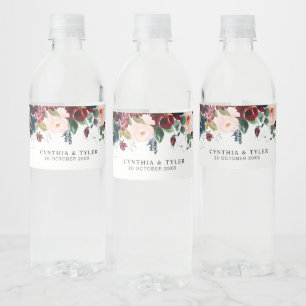 burgundy & blush floral wedding water bottle label