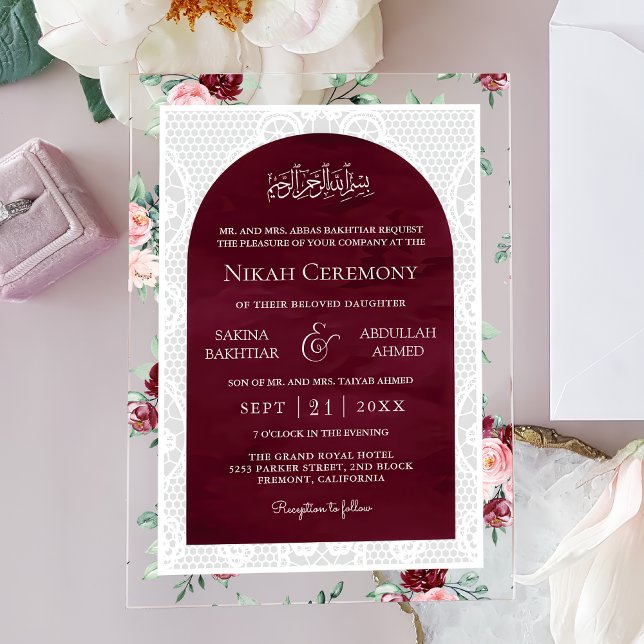 Burgundy Blush Floral White Lace Muslim Wedding Acrylic Invitations (Creator Uploaded)