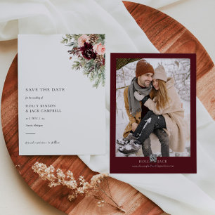 Burgundy Blush Floral Winter Wedding Save the Date Invitation