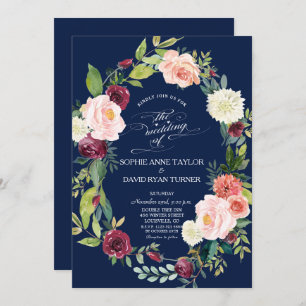 Burgundy Blush Floral Wreath Dark Blue Wedding Invitation