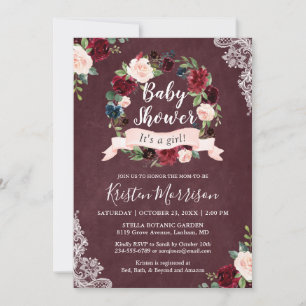 Burgundy Blush Floral Wreath Lace Baby Shower Invitation