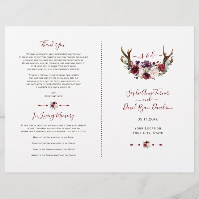Burgundy Blush Florwers Antlers Wedding Program Flyer (Front)