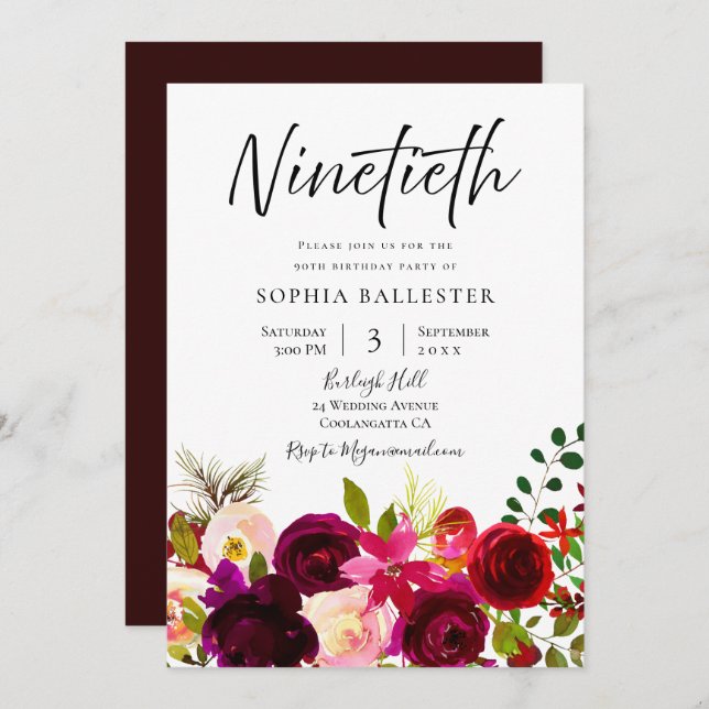 Burgundy & Blush Flowers 90th Birthday Party Invitation (Front/Back)