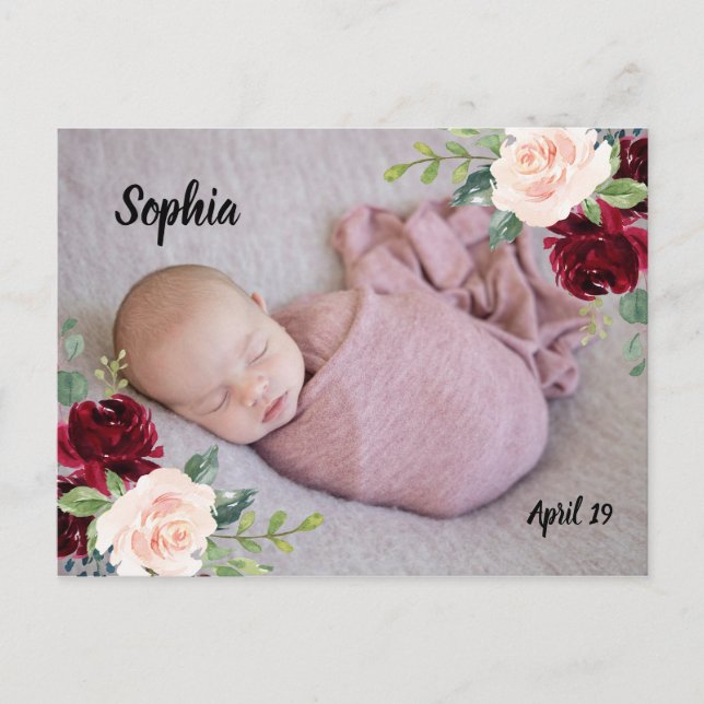 Burgundy Blush flowers Baby Girl boy Photo Newborn Postcard (Front)