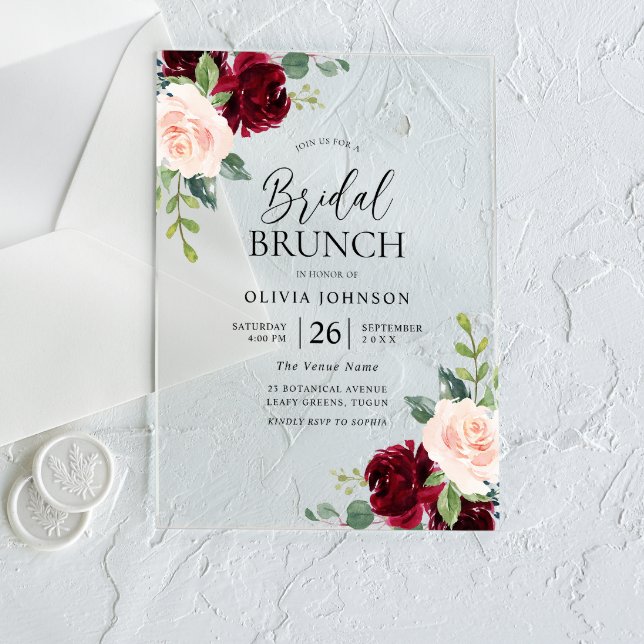 Burgundy & Blush Flowers Bridal Shower Brunch  Acrylic Invitations (Creator Uploaded)