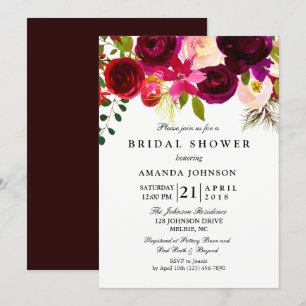 Burgundy Blush Flowers Bridal Shower Invitation