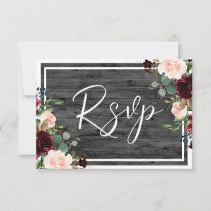 Burgundy & Blush Flowers Charcoal Wood Wedding RSVP Card