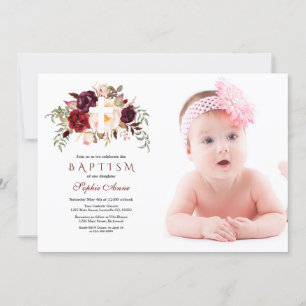 Burgundy Blush Flowers Cross Photo Baptism Invitation