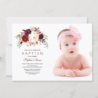 Burgundy Blush Flowers Cross Photo Baptism Invitation