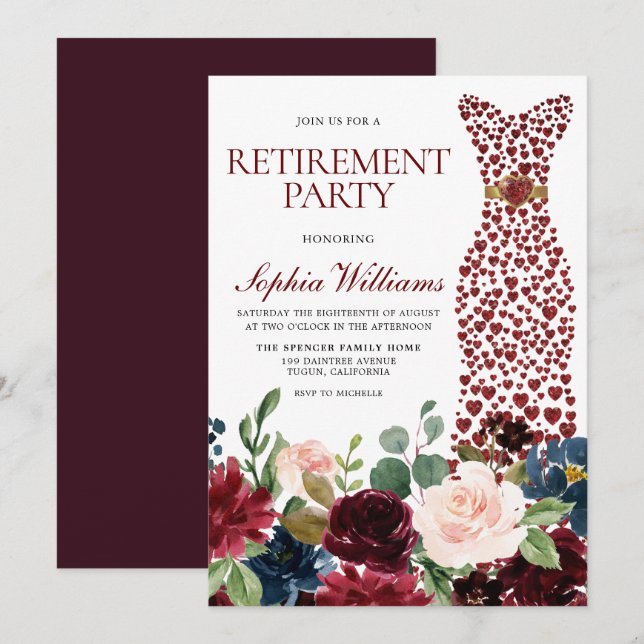 Burgundy Blush Flowers Dress Retirement Party Invitation (Front/Back)