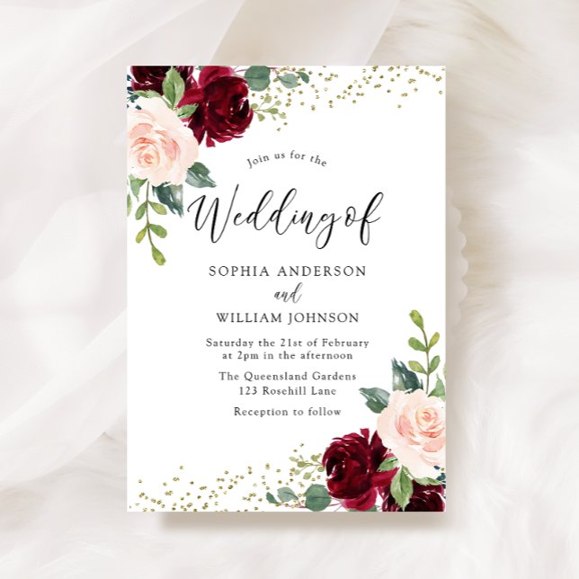 Burgundy & Blush Flowers Glitter Wedding Invitation (Creator Uploaded)
