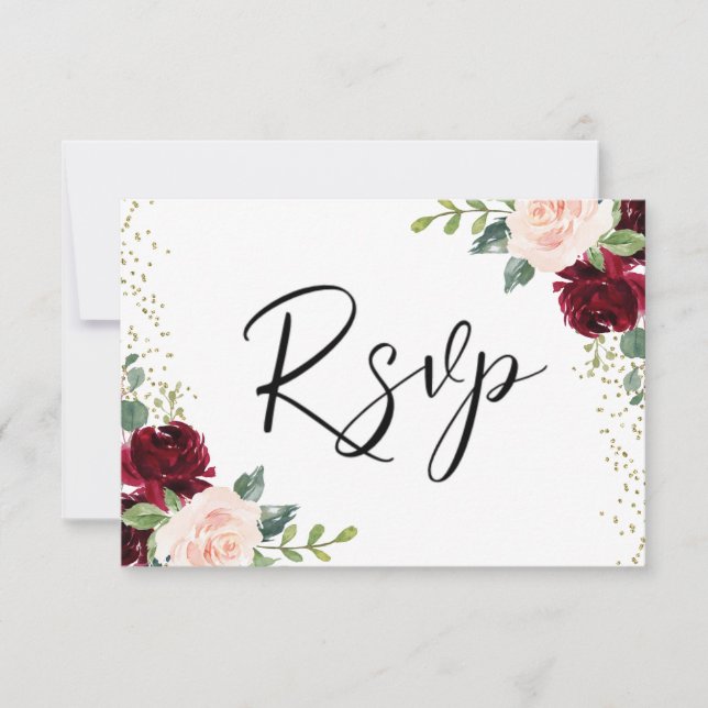 Burgundy & Blush Flowers Glitter Wedding RSVP Card (Front)