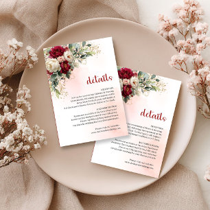 Burgundy blush flowers gold border wedding details enclosure card