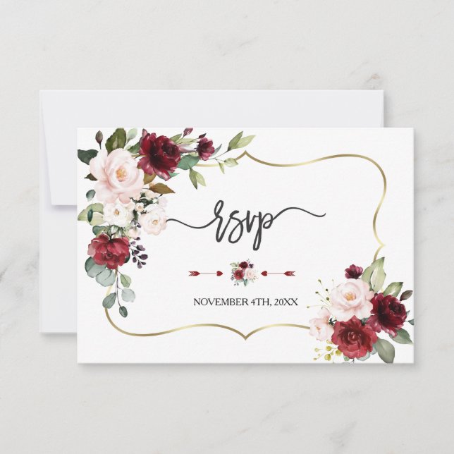 Burgundy Blush Flowers Gold Frame Wedding RSVP Card (Front)