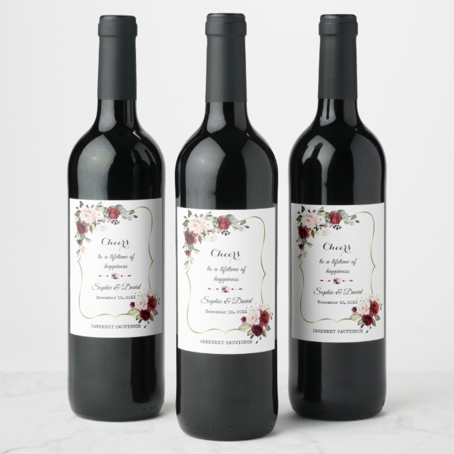 Burgundy Blush Flowers Gold Frame Wedding Wine Label (Bottles)