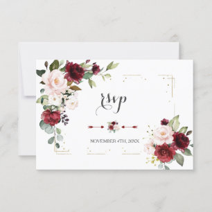 Burgundy Blush Flowers Gold Glitter Frame Wedding RSVP Card