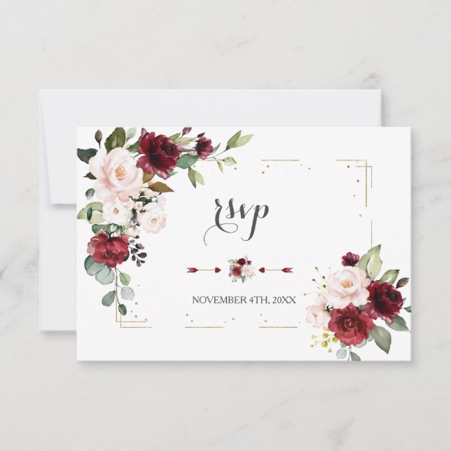 Burgundy Blush Flowers Gold Glitter Frame Wedding RSVP Card (Front)