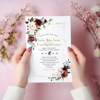 Burgundy Blush Flowers Gold Glitter Wedding Invitation
