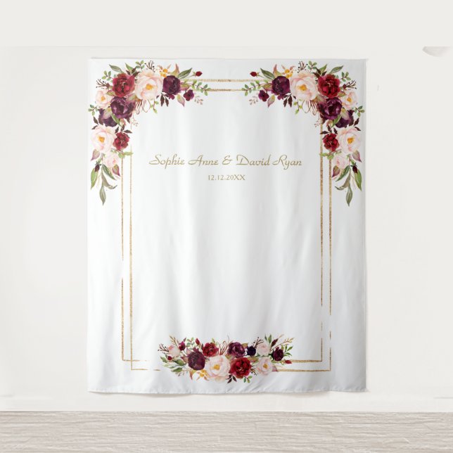 Burgundy Blush Flowers Gold Wedding Photo Booth Tapestry (Front)