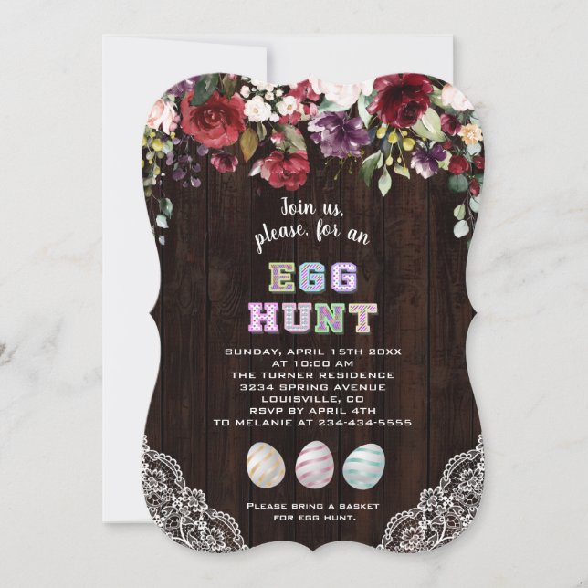 Burgundy Blush Flowers Lace Egg Hunt Easter Invitation (Front)