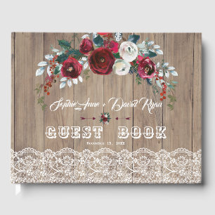 Burgundy Blush Flowers Lace Wood Wedding Guest Book