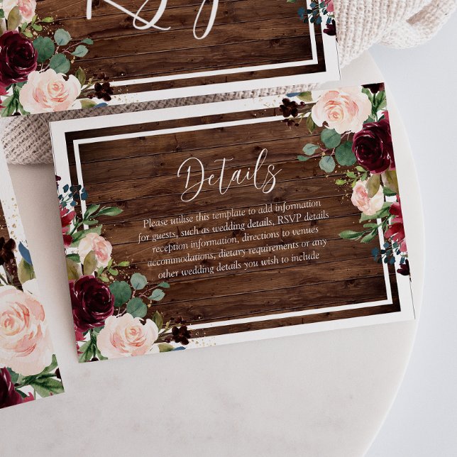 Burgundy & Blush Flowers Rustic Wood Wedding Enclosure Card (Creator Uploaded)