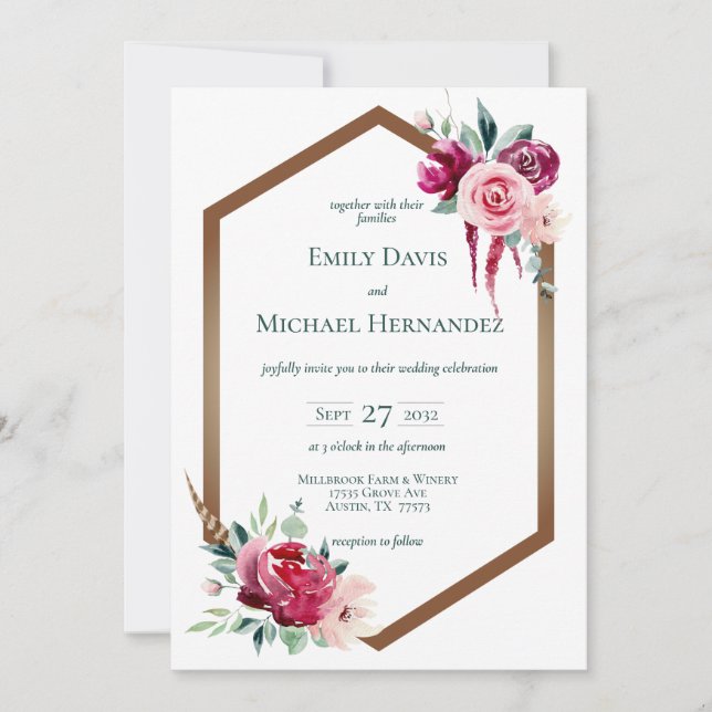 Burgundy & Blush Geometric Gold Boho Invitation (Front)