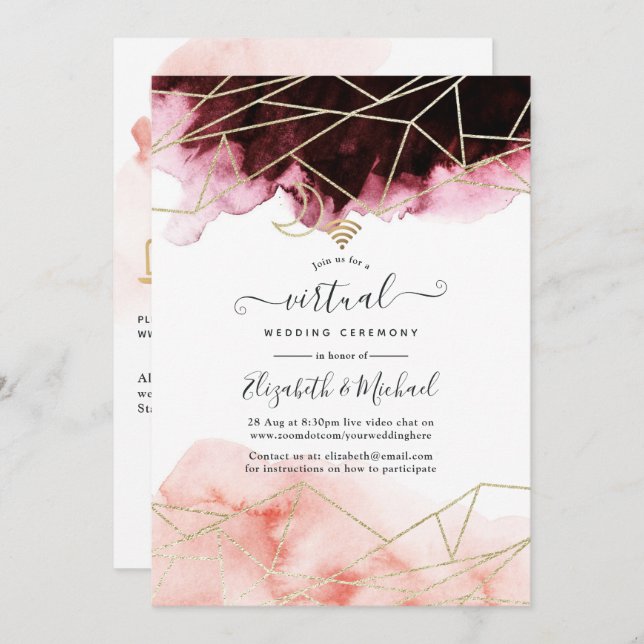 Burgundy & Blush Geometric Online Virtual Wedding Invitation (Front/Back)