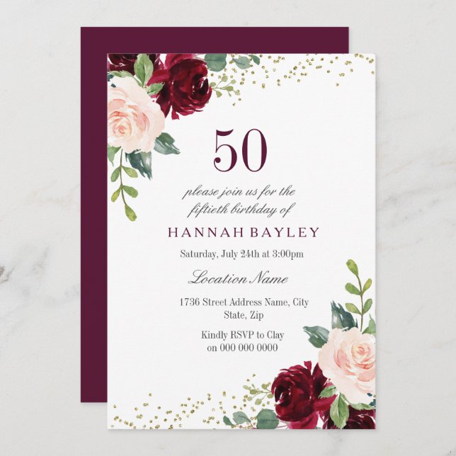 Burgundy Blush Glitter 50th Birthday Party Invitation (Front/Back)