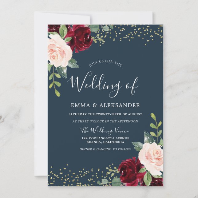 Burgundy Blush Glitter Fall Autumn Wedding Invite (Front)
