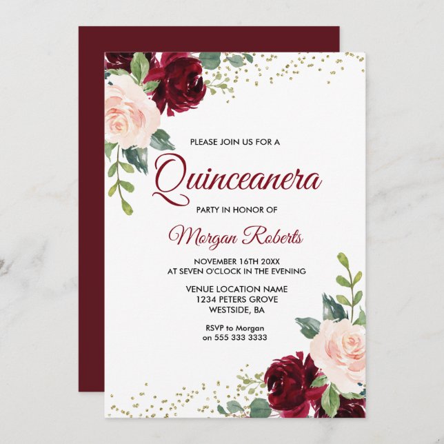 Burgundy Blush Glitter Floral Quinceanera Invitation (Front/Back)