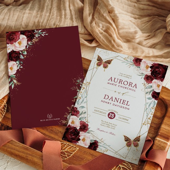 Burgundy Blush Gold Floral Butterfly Wedding Invitation (Creator Uploaded)