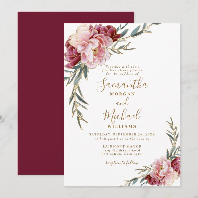Burgundy Blush Gold Floral Greenery Wedding Invitation (Front/Back)