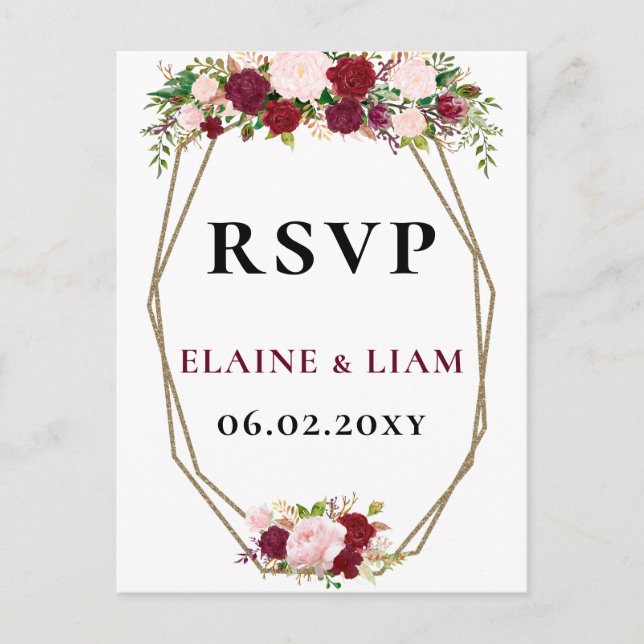Burgundy Blush Gold Floral Monogram Wedding rsvp Invitation Postcard (Front)