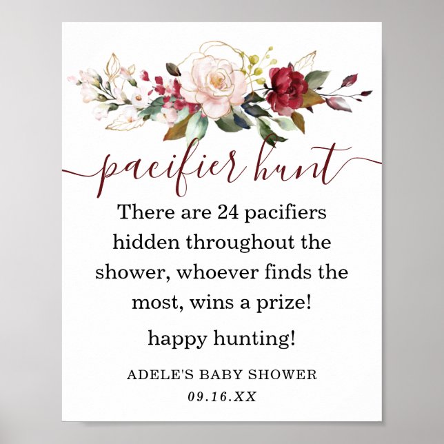 Burgundy Blush Gold Floral Pacifier Hunt Sign (Front)