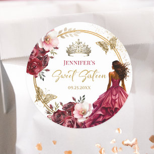 Burgundy Blush Gold Floral Princess Sweet 16 Classic Round Sticker