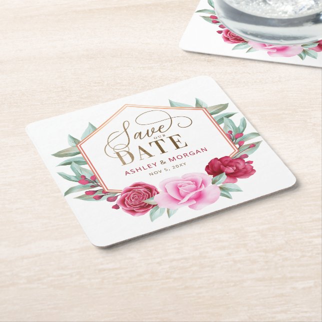 Burgundy Blush Gold Floral Save the Date Square Paper Coaster (Angled)