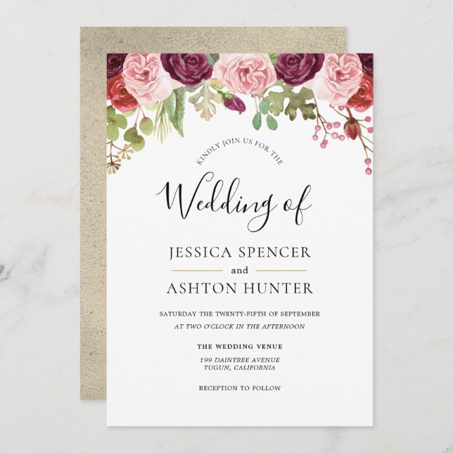 Burgundy Blush & Gold Floral Wedding Invite (Front/Back)