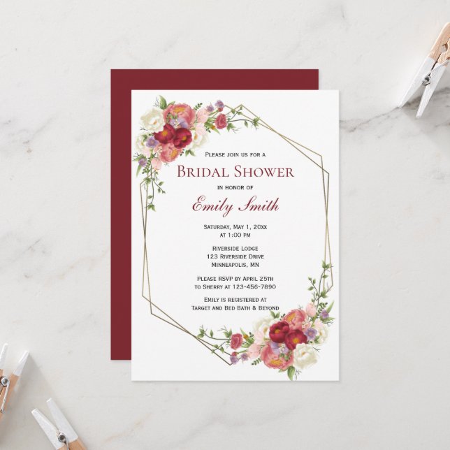 Burgundy Blush Gold Frame Floral Bridal Shower Invitation (Front/Back In Situ)